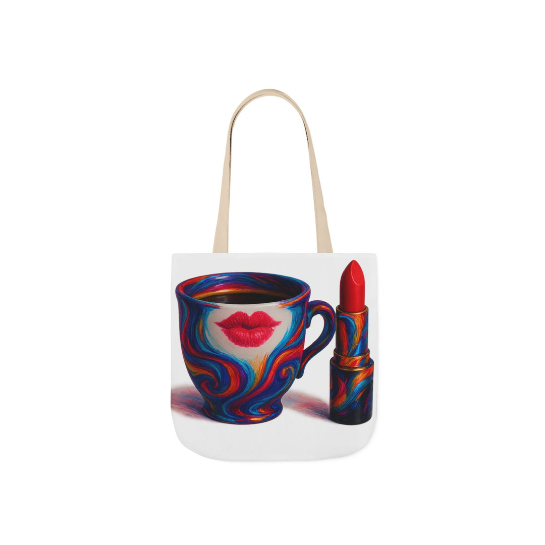 Tote bag with a colorful mug and lipstick design on a white background