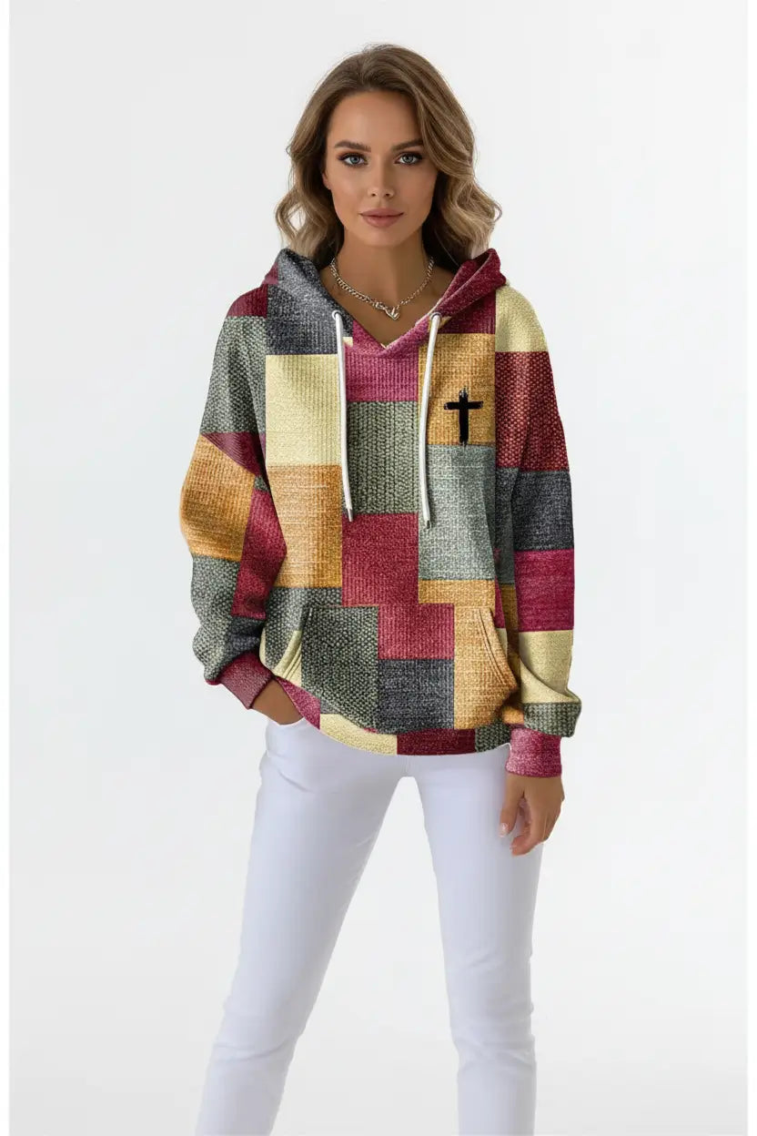 Stylish casual women's plaid hoodie detailed plaid print texture close view
