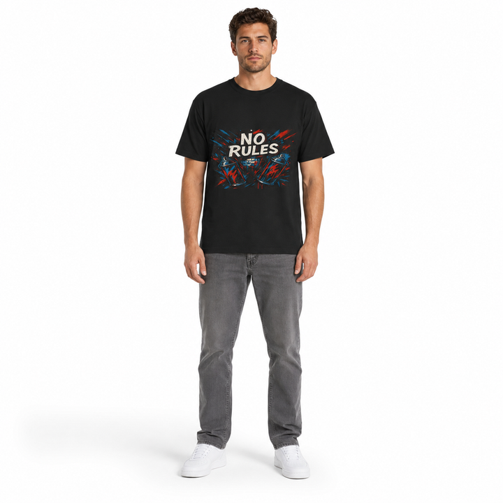 No Rules graphic tee product image detail highlighting the garment-dyed finish, clean construction, and bold statement design
