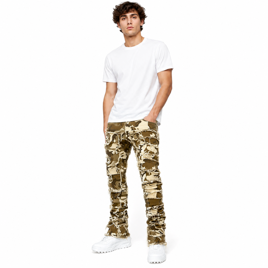 Stacked skinny jeans for men with frayed details and modern patchwork design