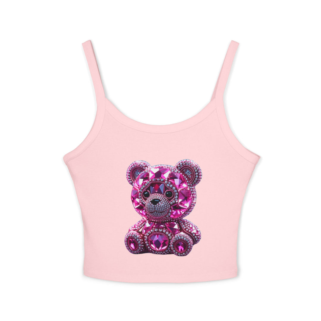 Pink crop top with a teddy bear design made of pink gemstones on a white background