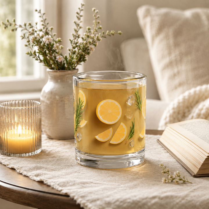 Clear coffee mug with lemon slice design, rosemary accents, and sturdy glass base
