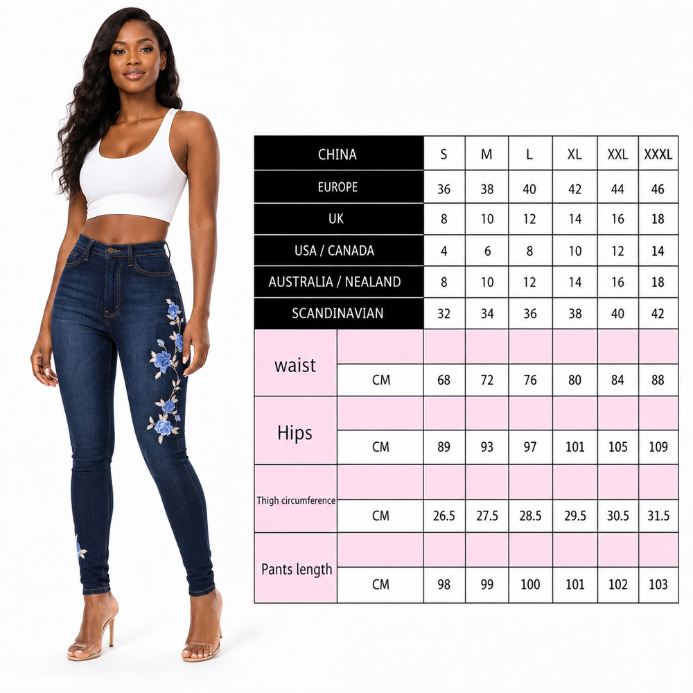 Front view of women's embroidered jeans showing the high-waist design, detailed pocket embroidery, and classic denim styling.
