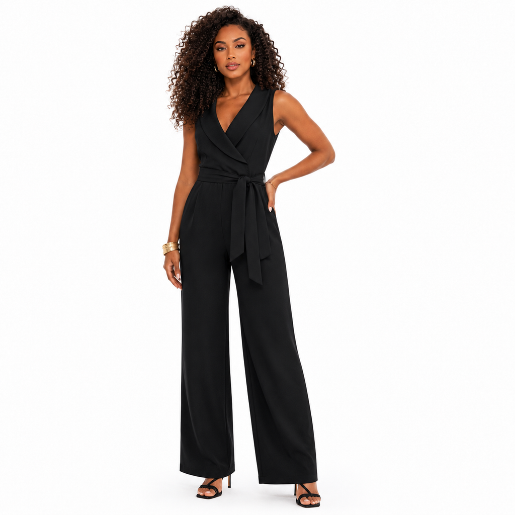 Sleeveless Jumpsuit for Women - V Neck Belted Look Chic