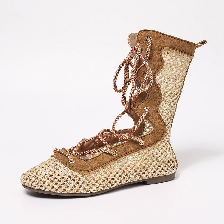 Mid Calf Boots for Women - Mesh Lace-Up Low Heel Styles