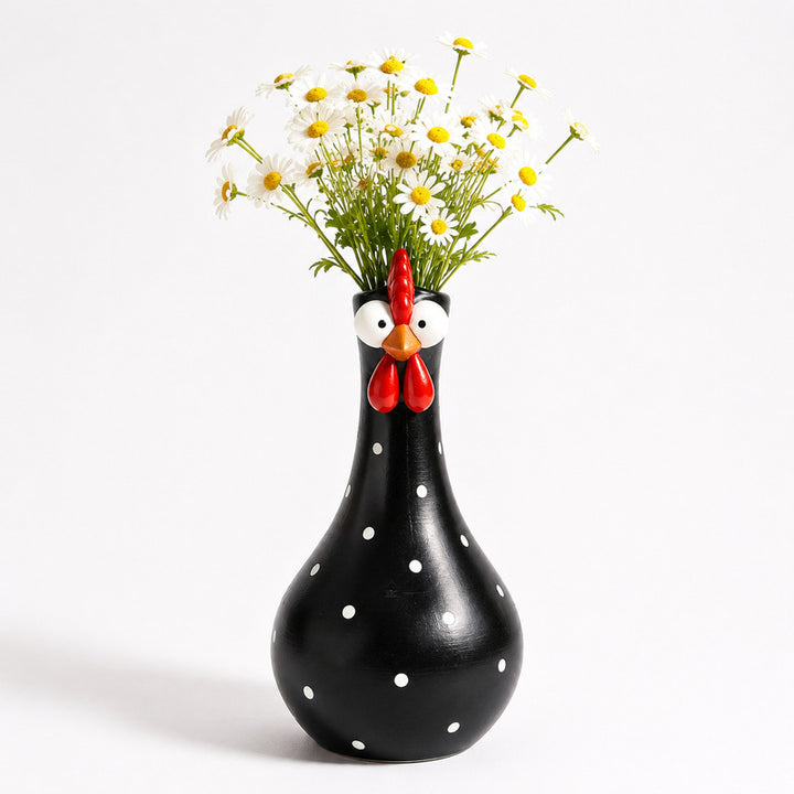 Rooster vase shown as a colorful resin home accent with a long-neck chicken silhouette designed for flowers or shelf display.