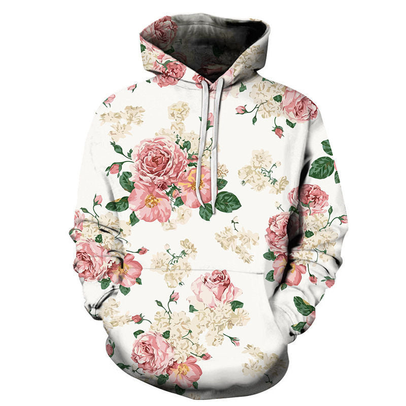 Rose Hoodie with Floral Print and Loose Fit Long Sleeve