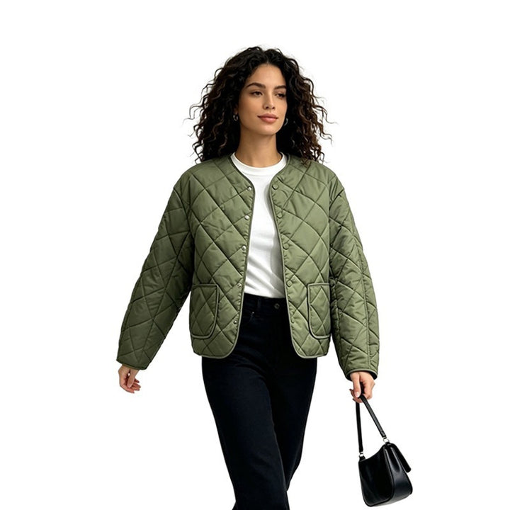 Green round-neck jacket on a standing model