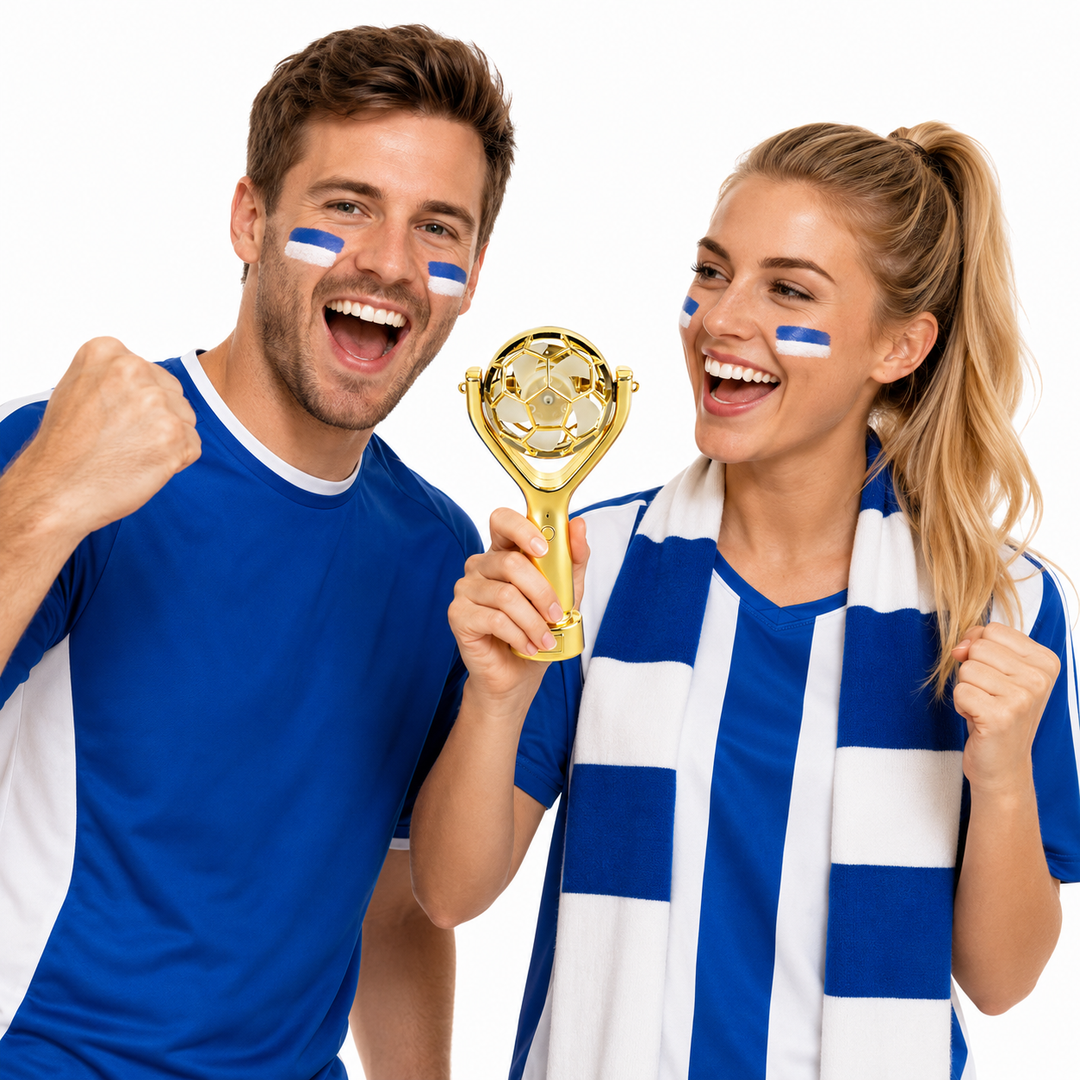 Portable soccer fan with 3 wind levels, high speed motor detail and shiny gold trophy style for outdoor events and travel fun