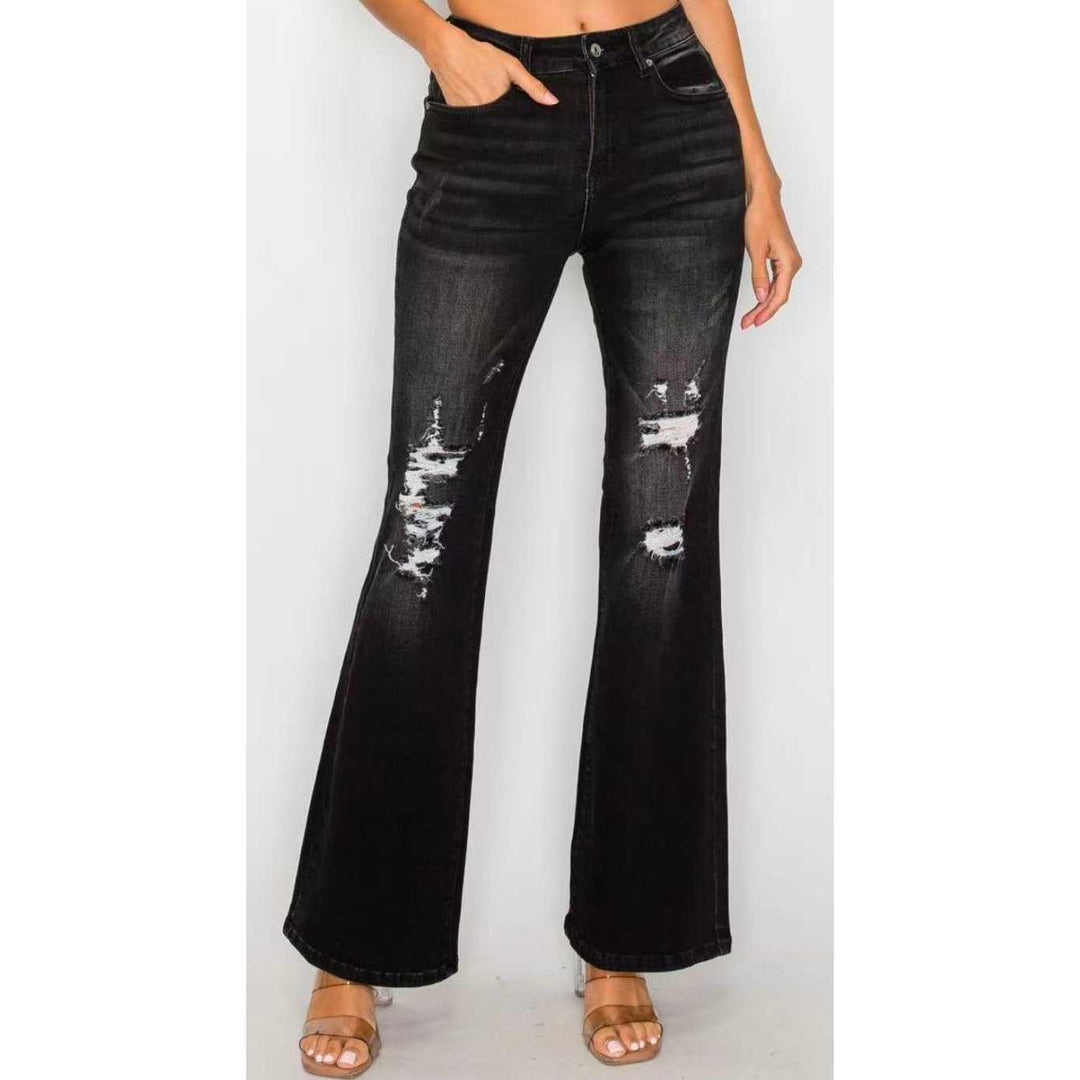 women’s black flare jeans wrinkle resistant denim finish