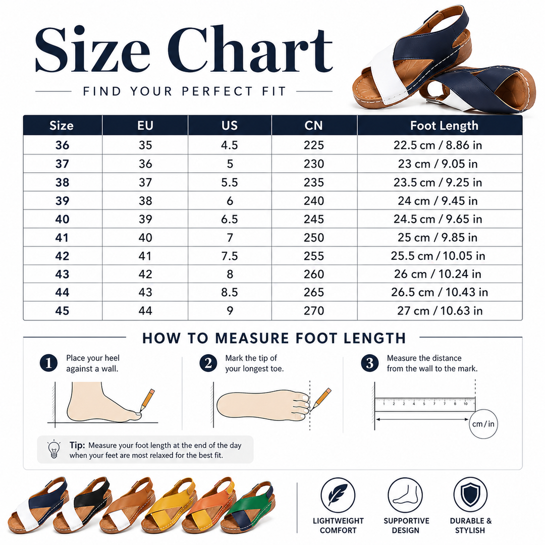 Size chart for shoes with foot length measurements and shoe color options.