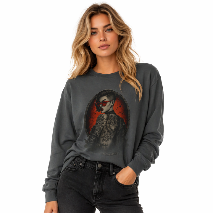 Studio shot of Fearless Beauty tee layered under a jacket for a polished casual look