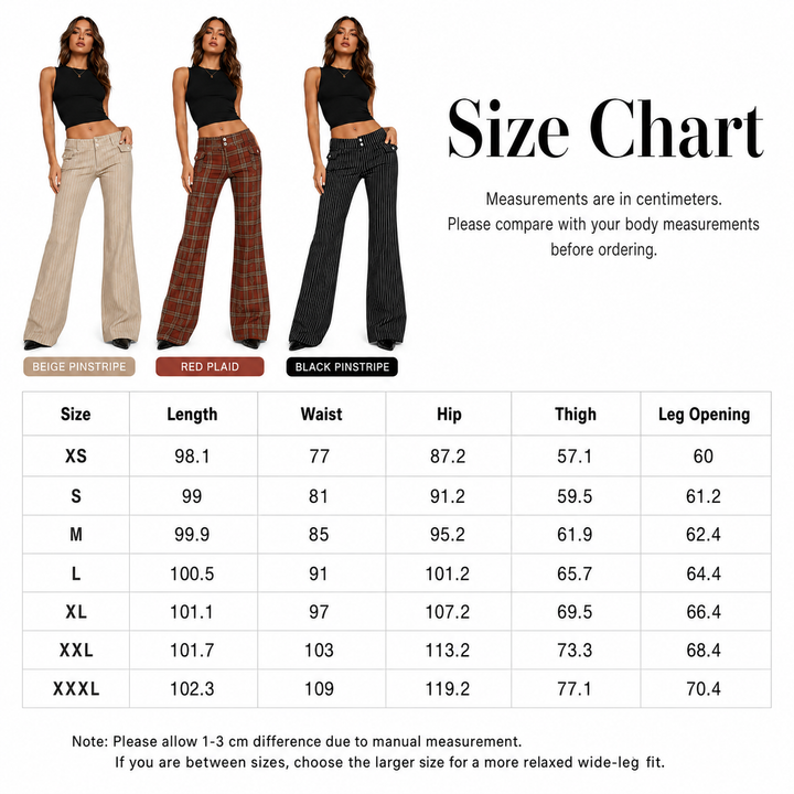 Size chart for wide-leg pants with measurements in centimeters, displayed against a white background.