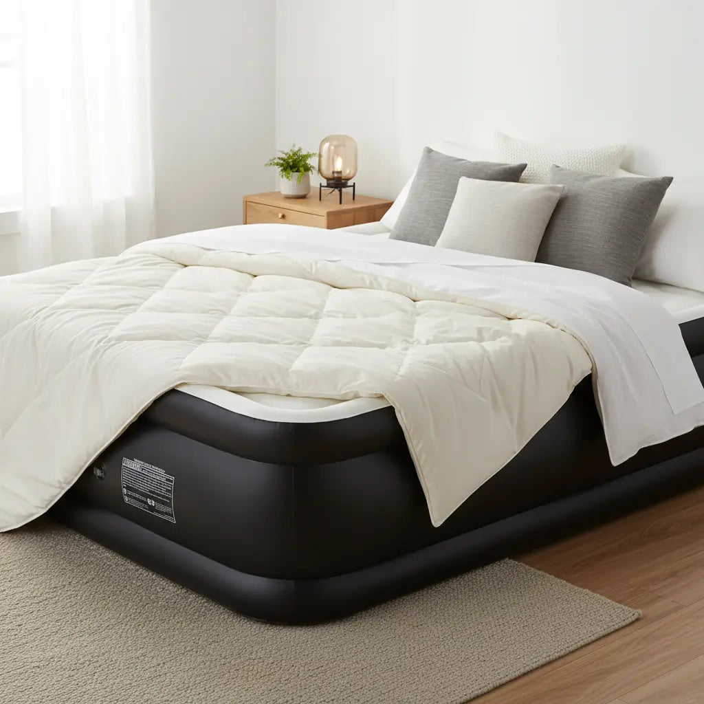 18 inch inflatable mattress air bed twin version displayed in compact apartment with built in pump control panel visible