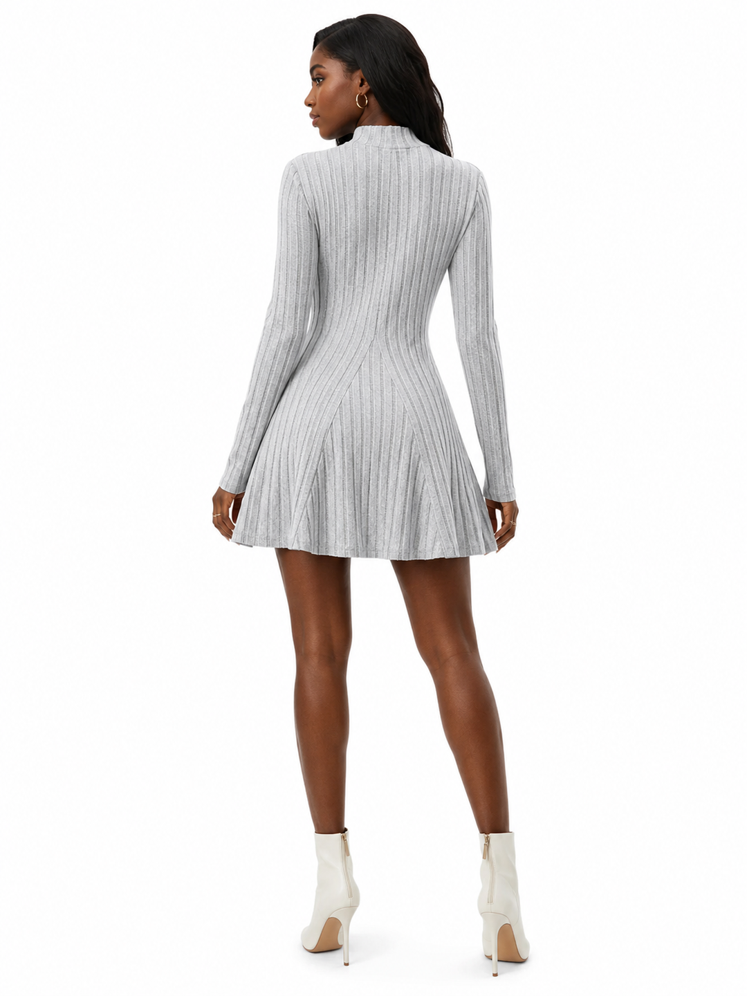 Mock neck mini dress with its ribbed knit, long sleeves, and slight stretch from a 95% polyester, 5% spandex blend for women.
