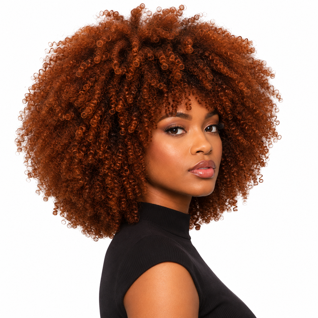 Back view of the short curly wig, showing a smooth 14 inch length, defined curl pattern, and a balanced silhouette for women.

