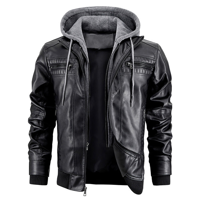 mens hooded faux leather jacket black color casual fashion wear