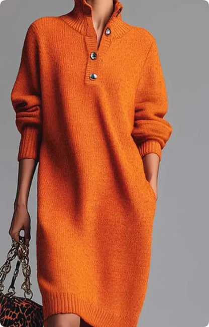 Detail of stand collar V-neck on long sleeve sweater dress with buttons, quiet luxury knit design for cold weather looks