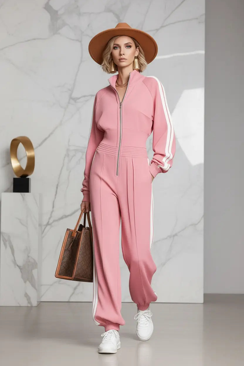 Model walking in a side stripe lounge set paired with sneakers for an off-duty city look