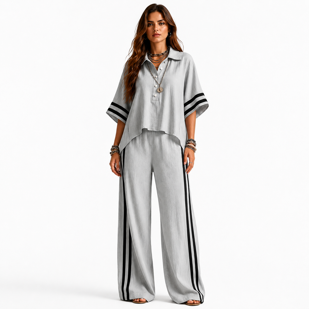 Summer two piece pants set for women in soft polyester, ideal for casual outings, office commute and travel with comfort fit.