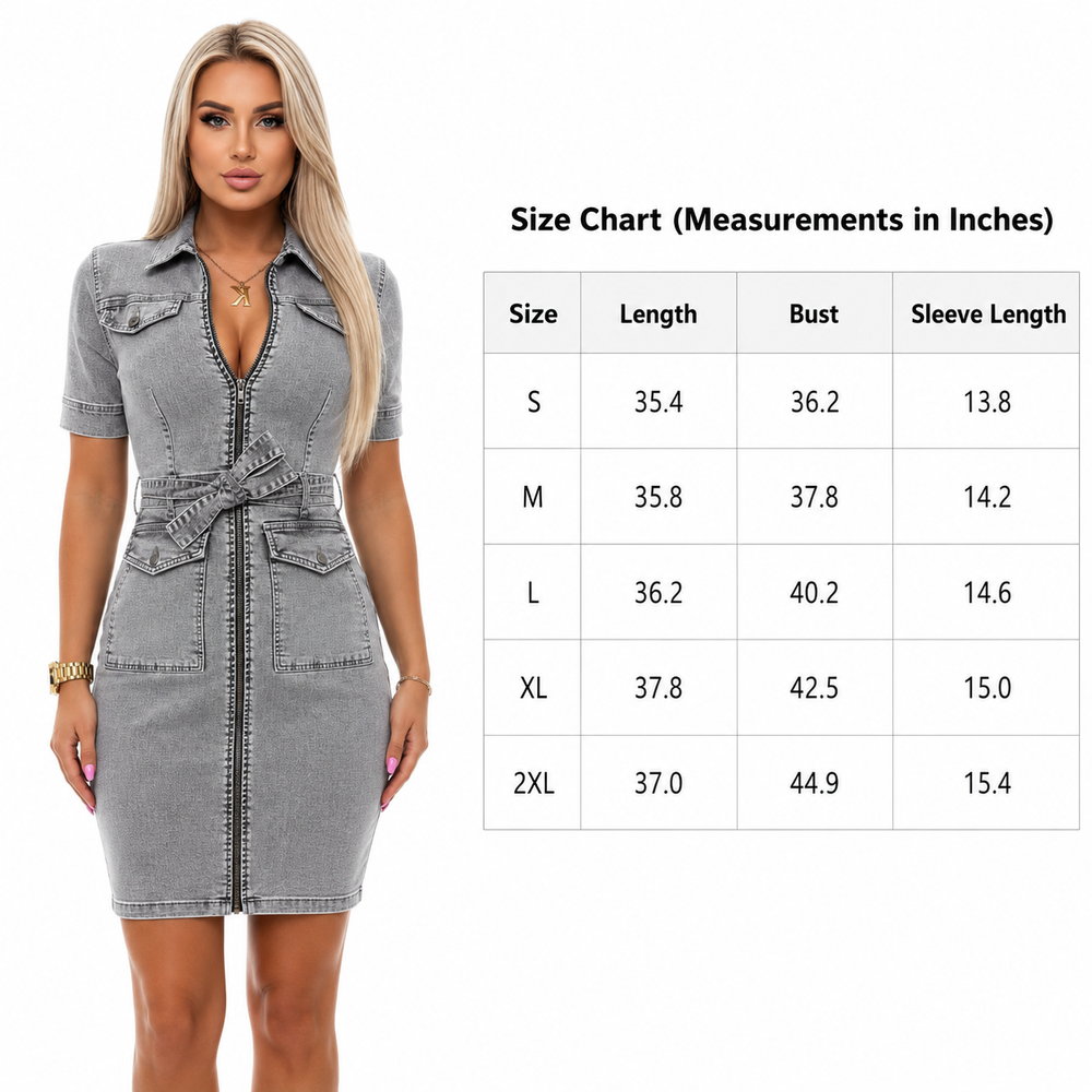 Short sleeve denim dress with front zipper closure and pockets, styled for brunch, errands, travel, and relaxed weekends fit.