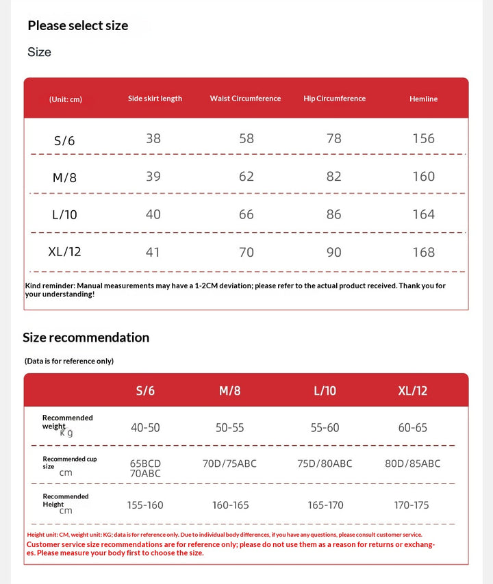 Size chart for clothing with measurements in centimeters