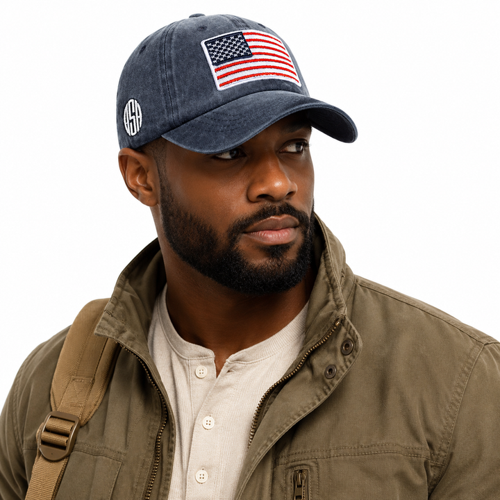 Adjustable distressed cap with flag-style detail, soft structure, and casual unisex fit for travel plus daily looks outdoors.
