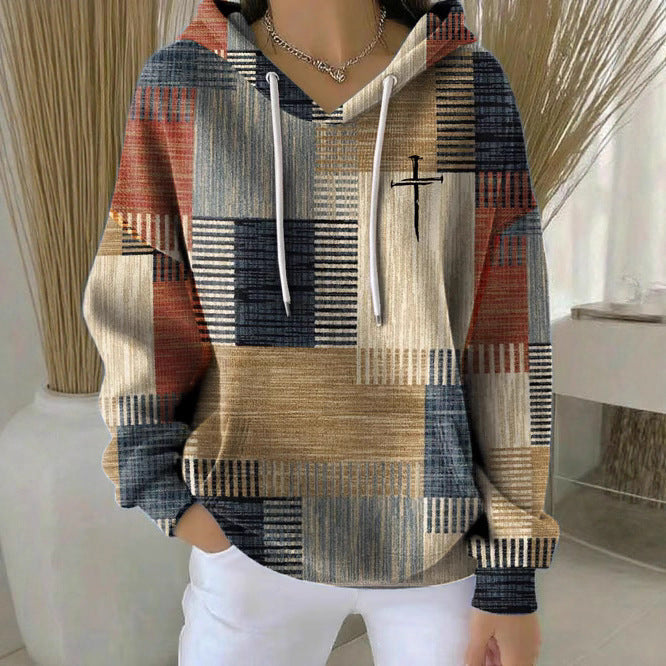 Stylish casual women's plaid hoodie relaxed fit coffee run outfit context