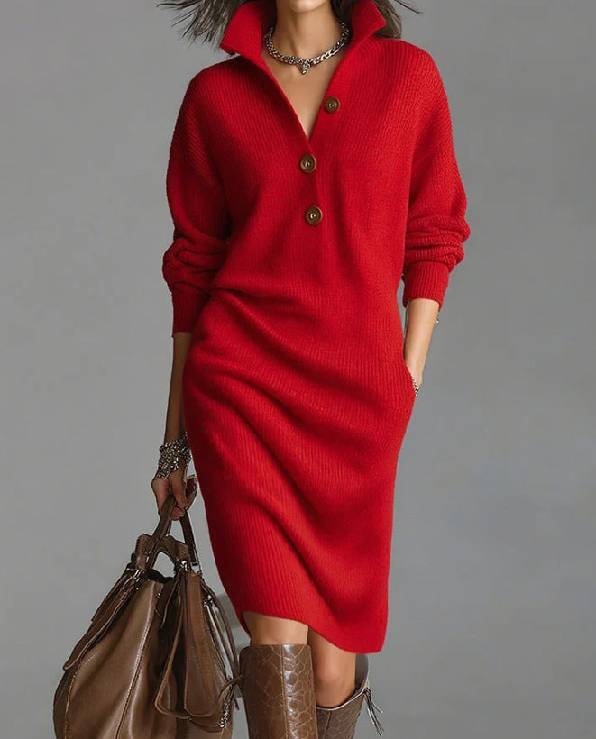 Casual Button Lapel Knit Dress Effortless Daily StyleXL