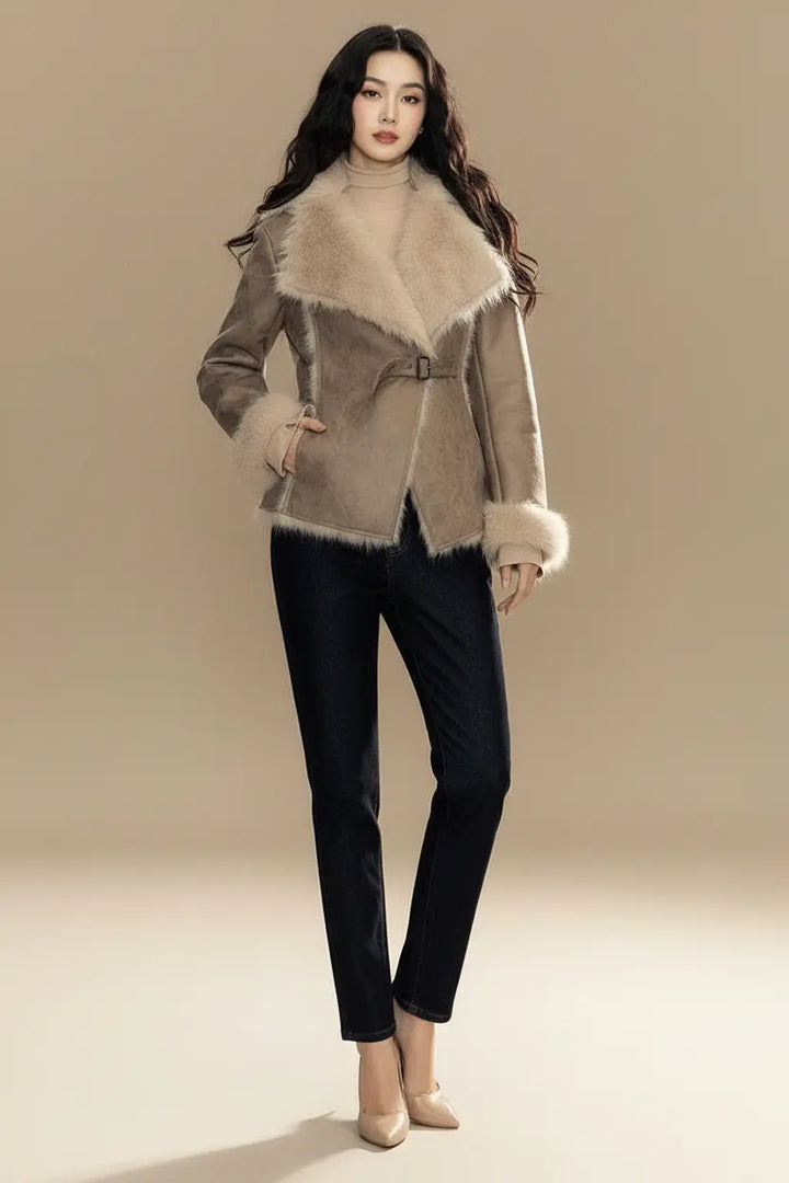 fur trim jacket women short length neutral tone luxury styling