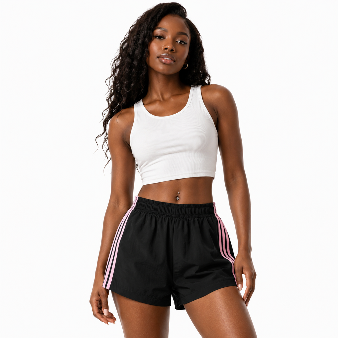 Retro gym shorts women in thin polyester fabric with splicing detail, made for sport occasions and street outfits