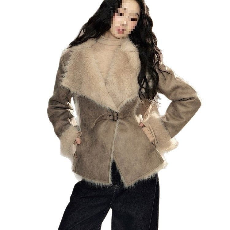 women suede coat warm woolen fabric winter studio lighting