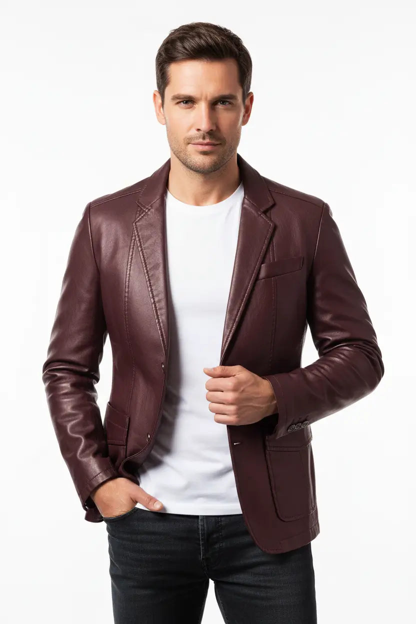 mens leather jacket black color front view casual street style