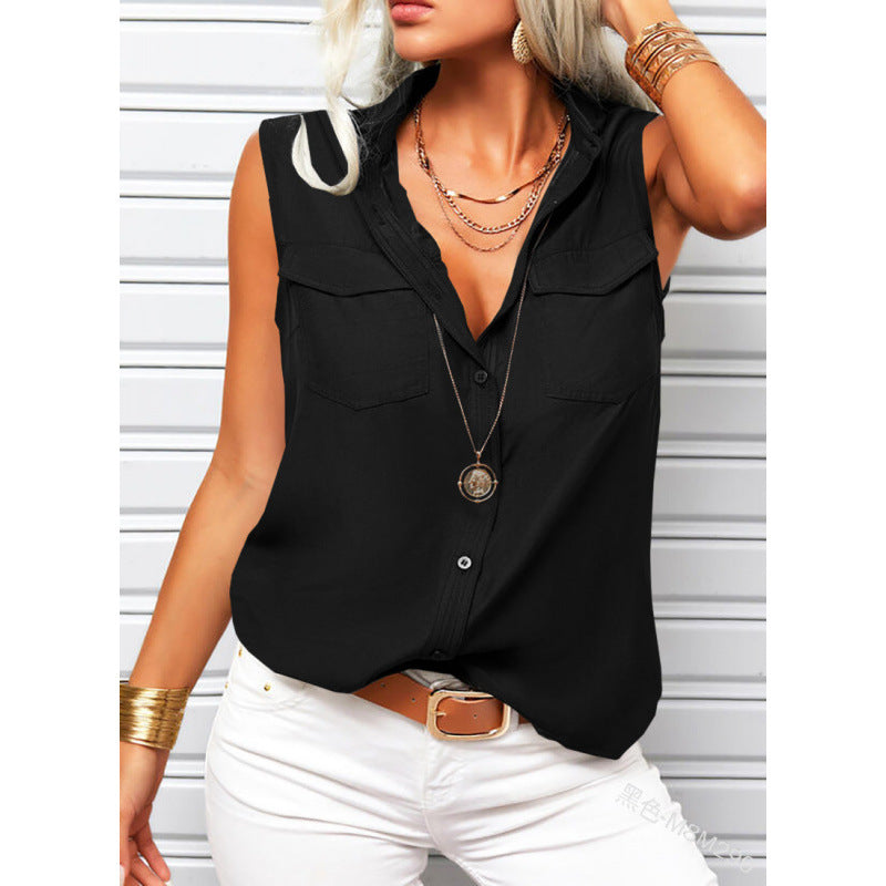 Woman wearing a black sleeveless top and white pants with a neutral background