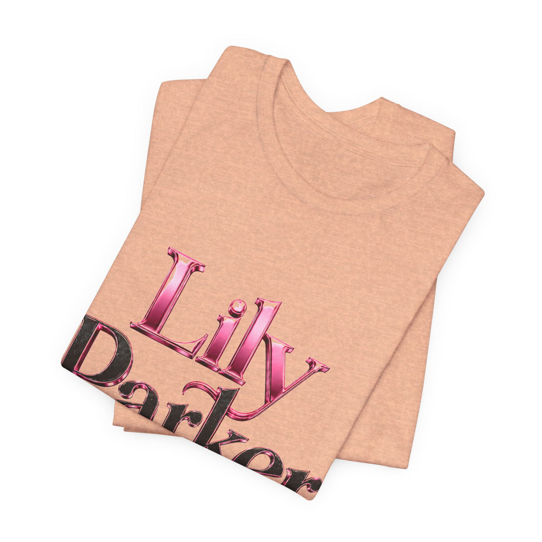 Beige tank top with pink and black text on a white background