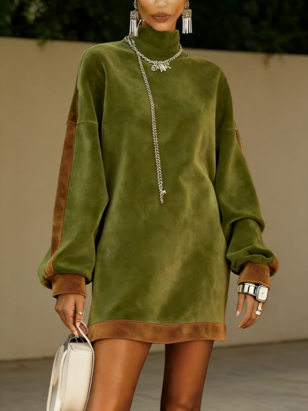 High-neck velvet sweatshirt dress layered with outerwear winter outfit