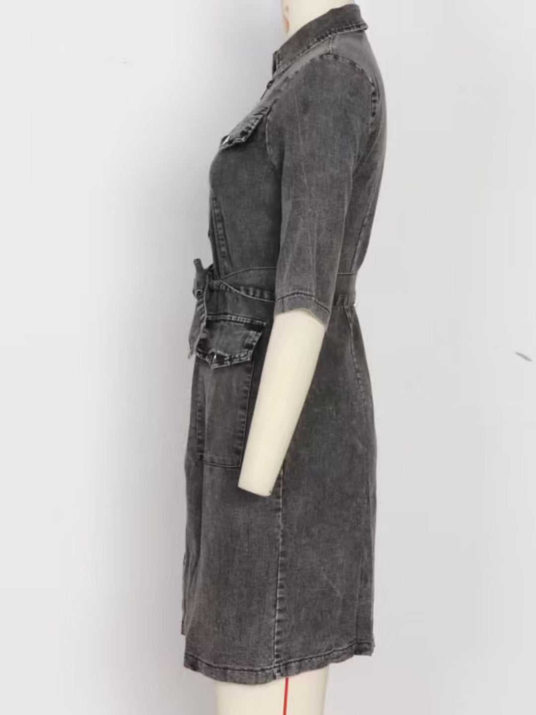 Zipper front short sleeve denim dress women self-tie waist pockets relaxed everyday casual fashion style