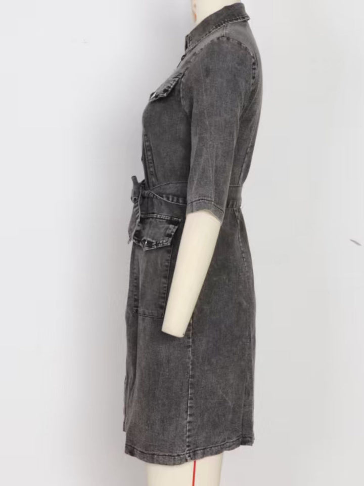 Zipper front short sleeve denim dress women self-tie waist pockets relaxed everyday casual fashion style