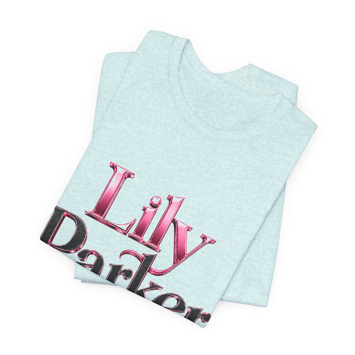 Light blue sleeveless top with pink and black text on a white background