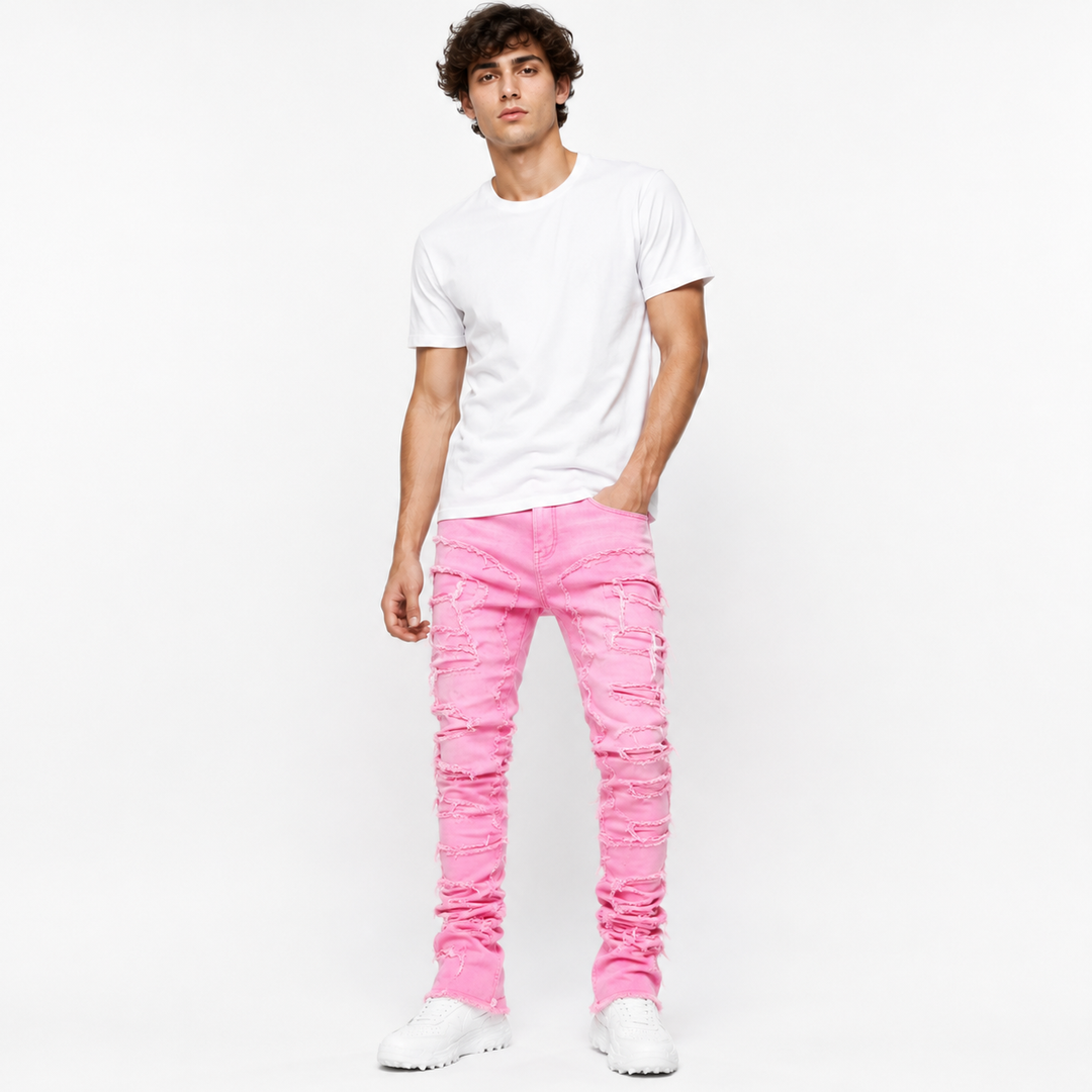 Patchwork jeans for men with stacked leg effect and distressed street style finish