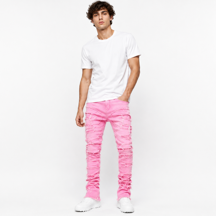 Patchwork jeans for men with stacked leg effect and distressed street style finish