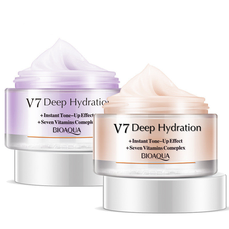 Open peach and purple BIOAQUA V7 cosmetic jars with visible cream peaks and matching silver lids against white studio setting