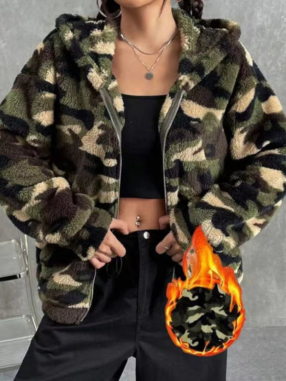 fuzzy camo zip up jacket womens casual hooded top with zipper closure and spacious pockets for daily wear