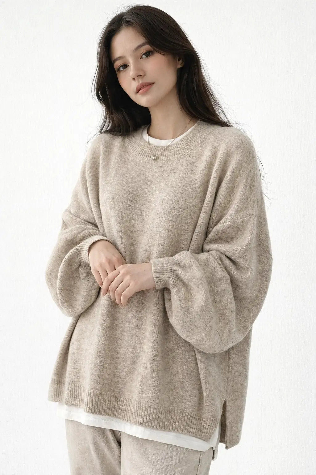 wool crewneck sweater back view relaxed drape context