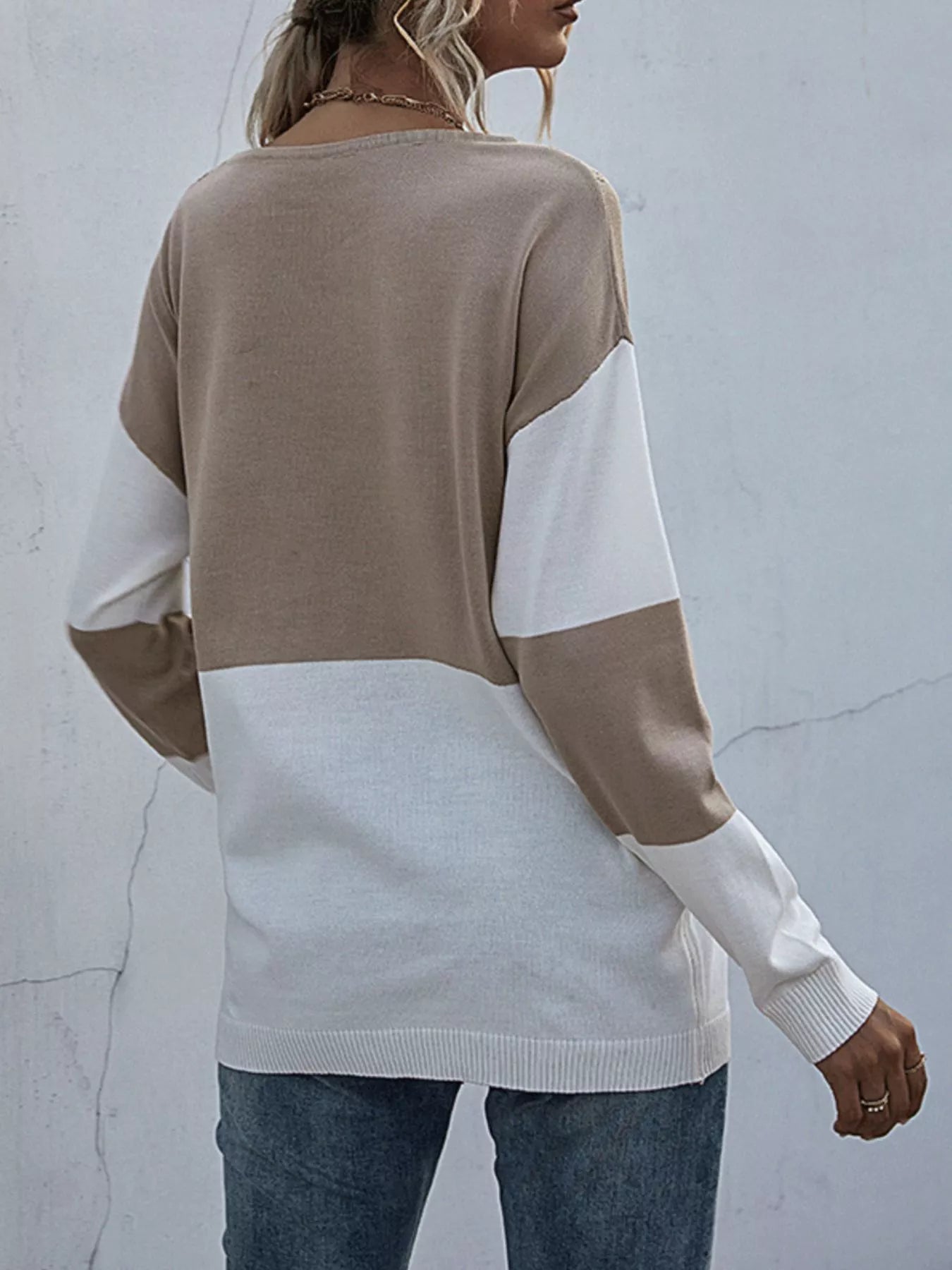 "round neck color block sweater fashion style"

