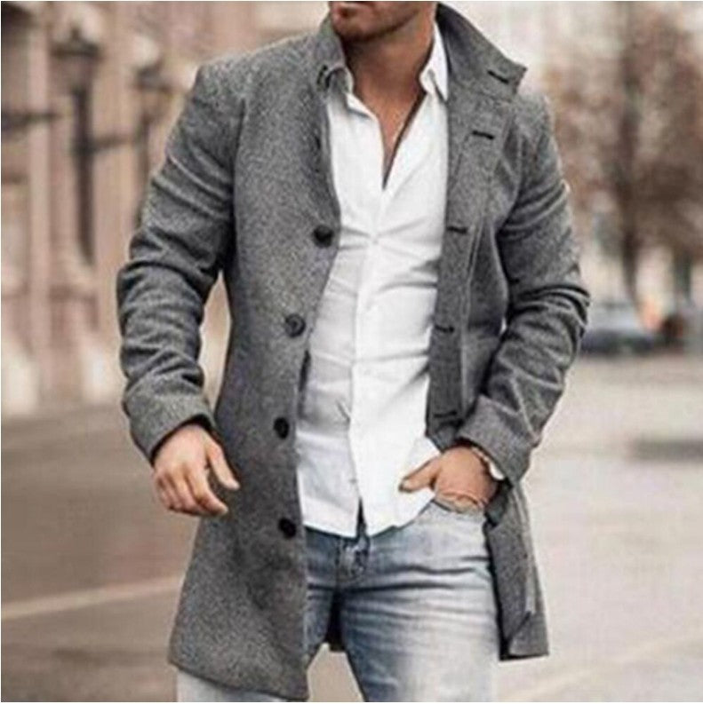 Close-up stand collar and button decoration men's wool winter coat premium stitching detail