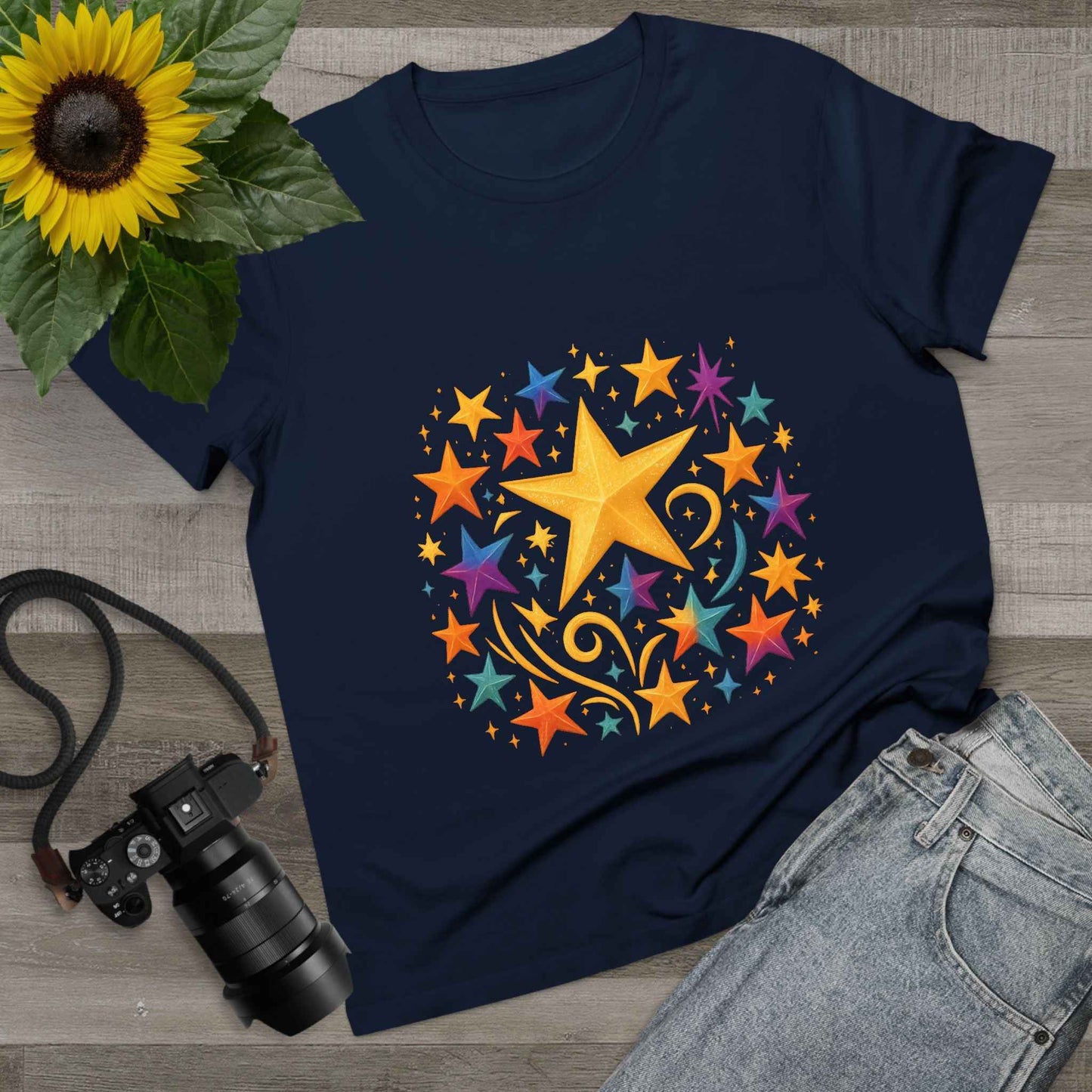 Women’s Vibrant Star Tee-100% Cotton Star Print T-Shirt