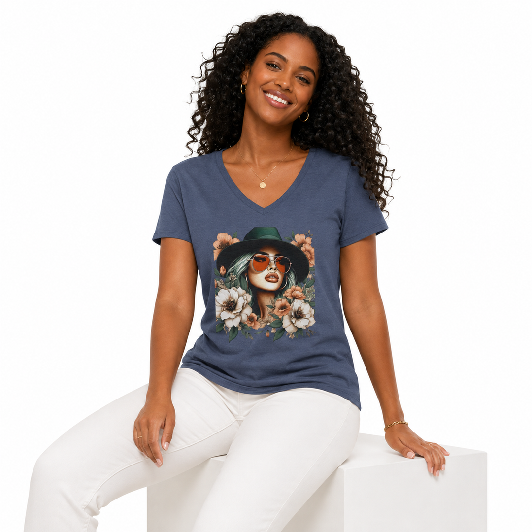 Floral T Shirt Women - Cotton V-Neck Floral Graphic Tee