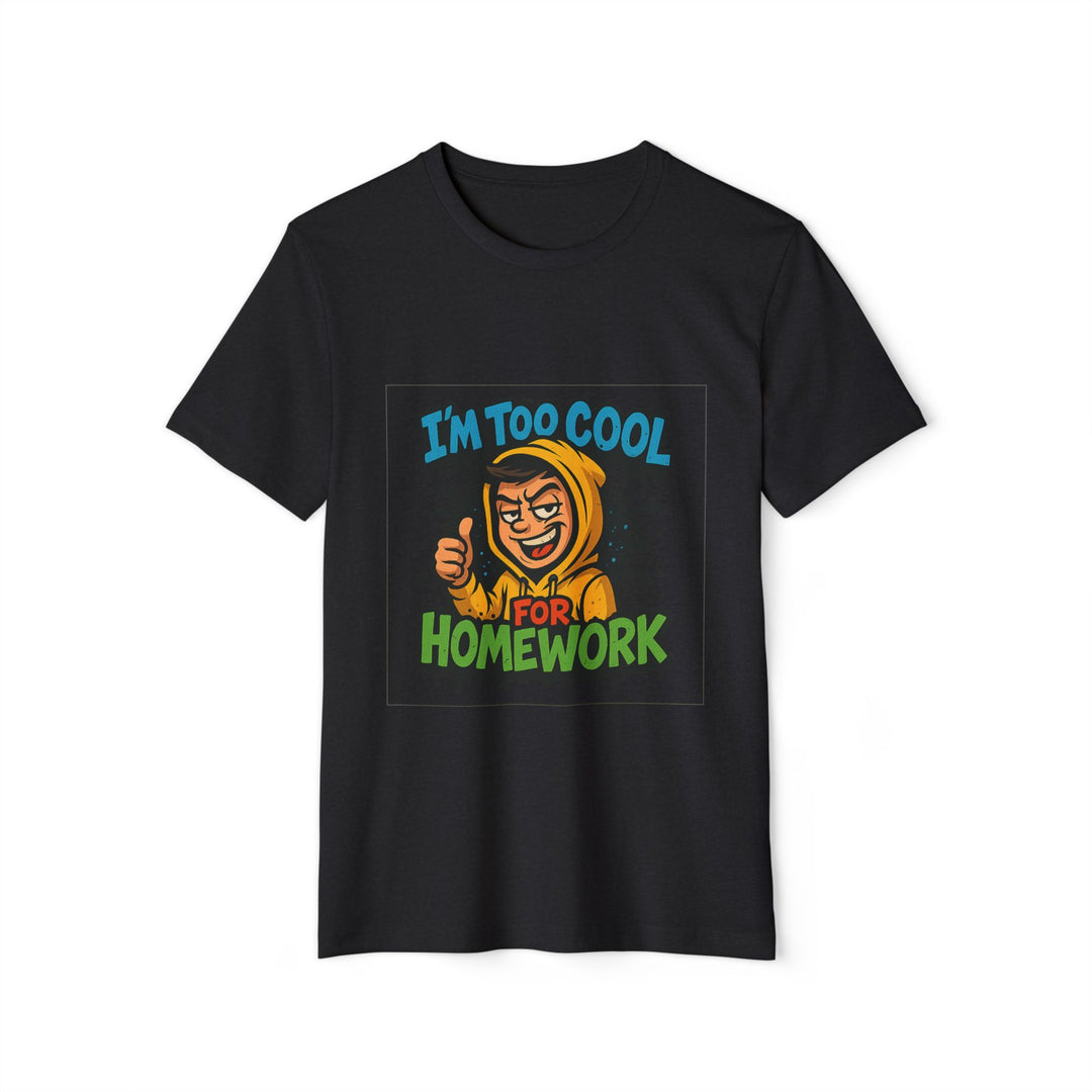 Black t-shirt with a graphic design featuring a character in a hoodie and text on a white background