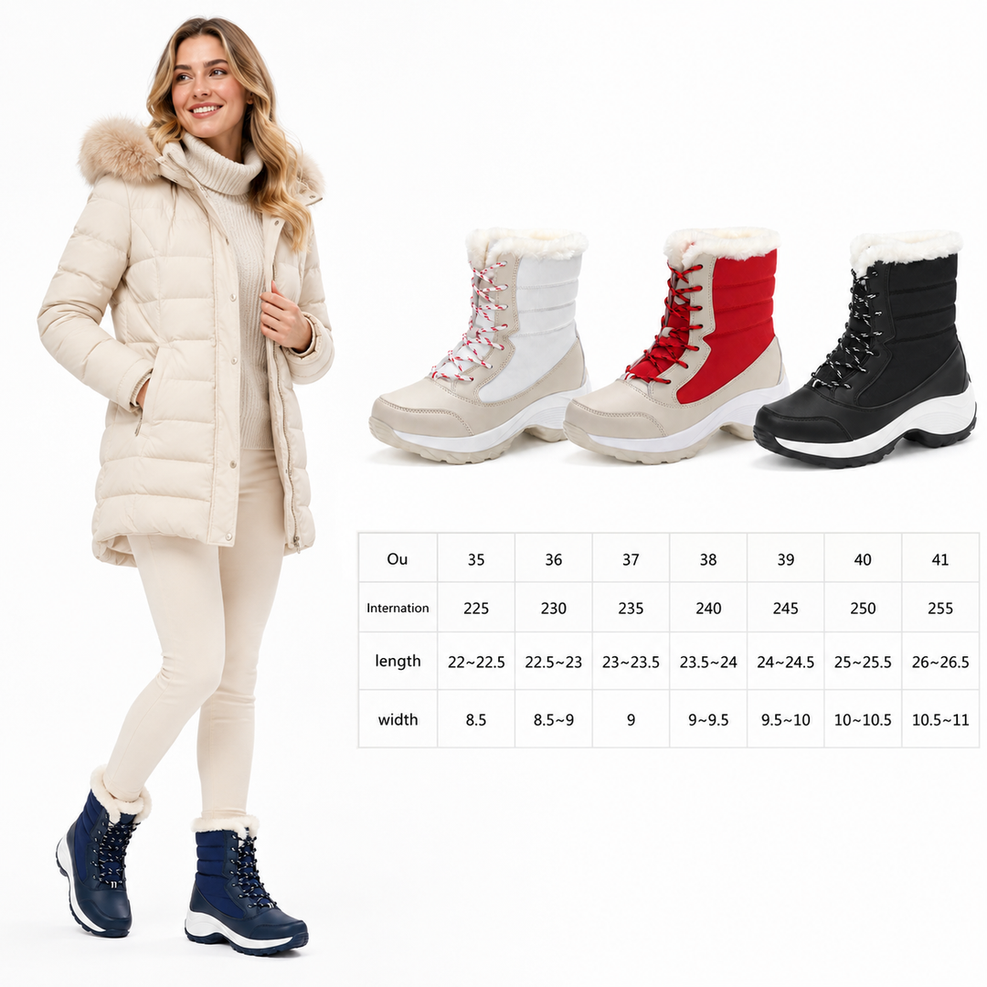 Women snow boots with umbrella cloth upper, round toe shape, and lined interior for cold, wet weather and snowy winter walks.